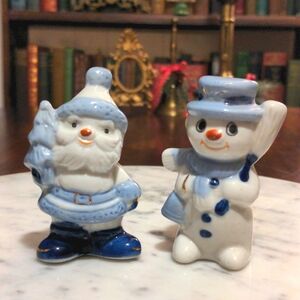 Blue White Snowman & Santa Salt & Pepper Shakes